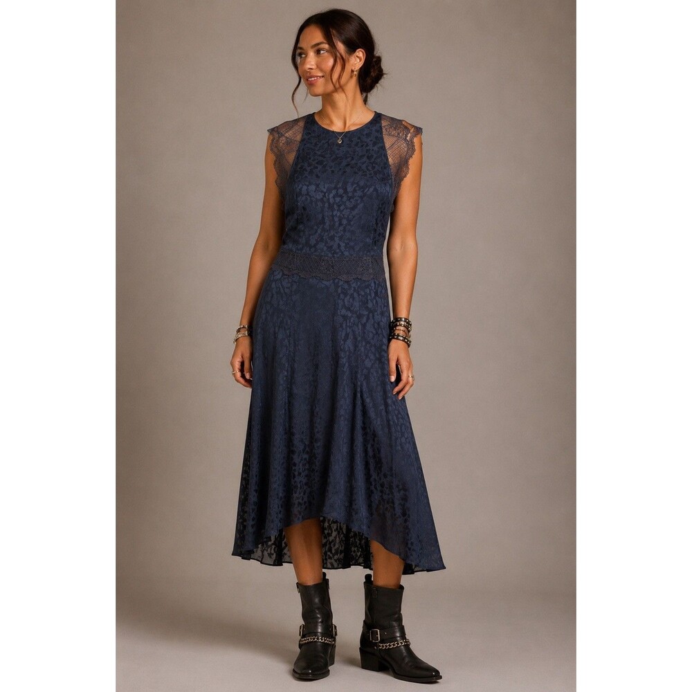 Zadig & Voltaire Roberto Jac Leo Silk Dress Size S Lace Trim High Low Slate Blue